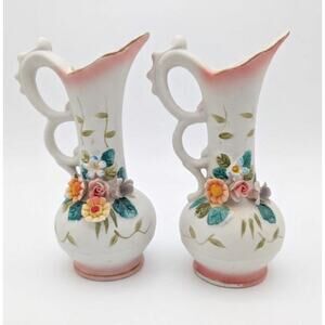 Vintage Interpur Taiwan ROC Ceramic Bud Vases, Pair with 3D Applied Flowers